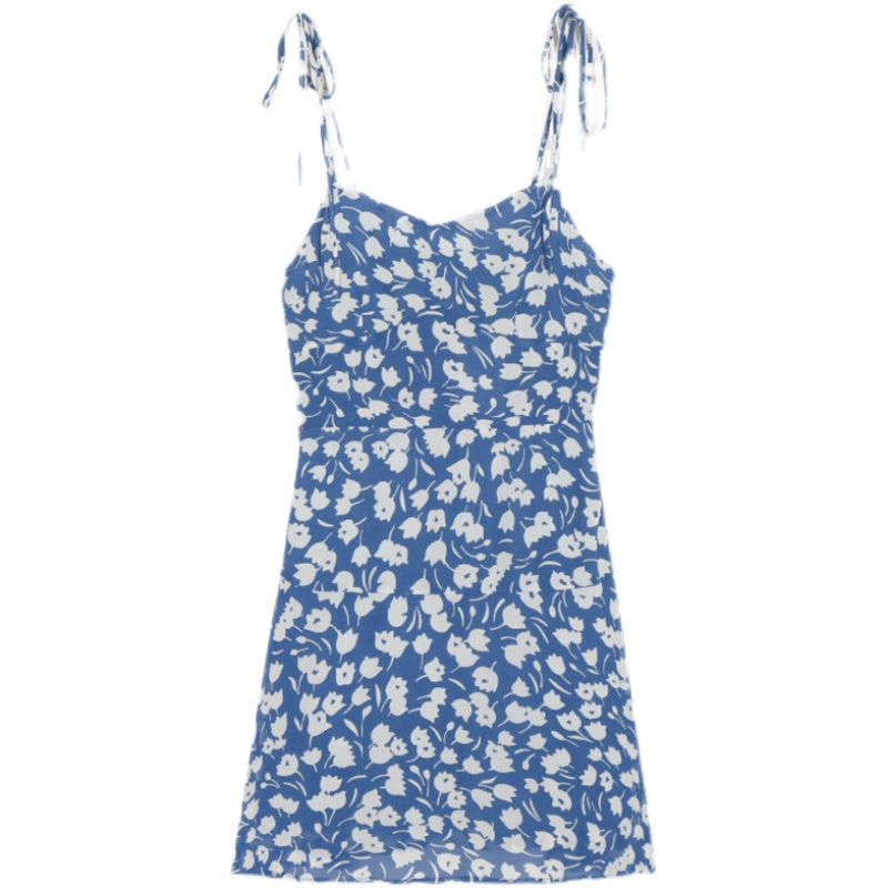 Floral Skirt Waist Tie Suspender Skirt Holiday Style Dress Short Skirt Women